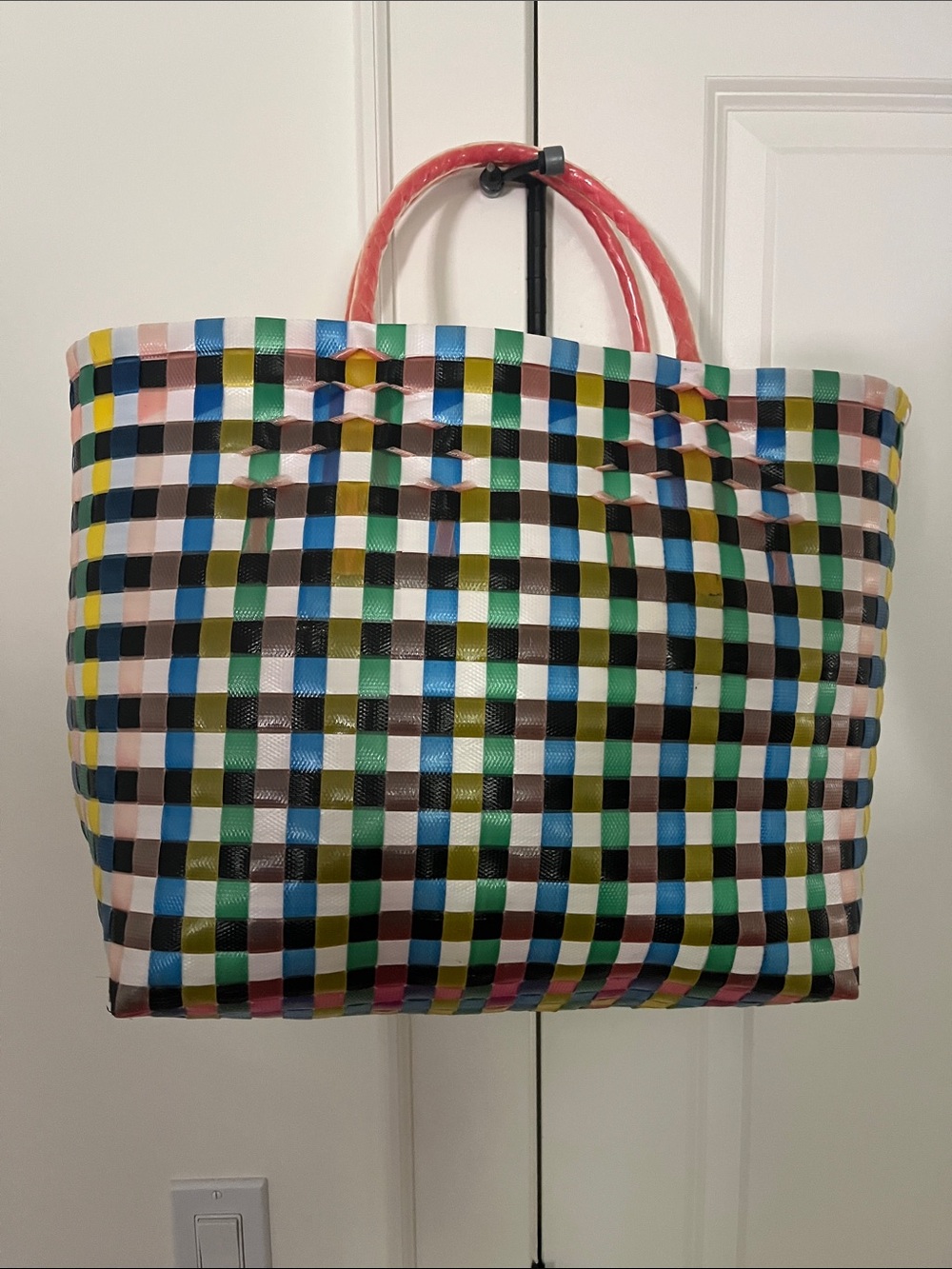 Multicolor Woven Tote Bag with Pink Handles